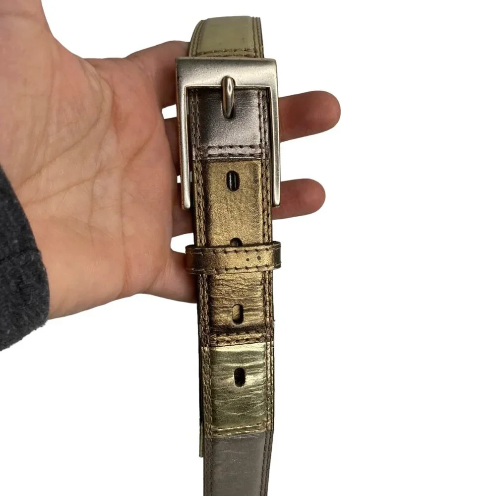 Fossil color‎ block metallic leather belt gold silver bronze metal buckle wms S